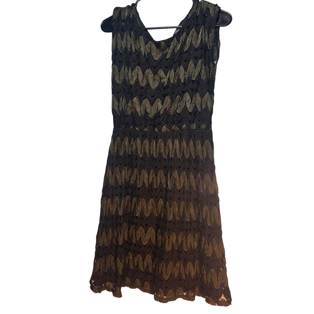 Luxology Black Gold Metallic Chevron Lace Dress Sleeveless Fit Flare Medium